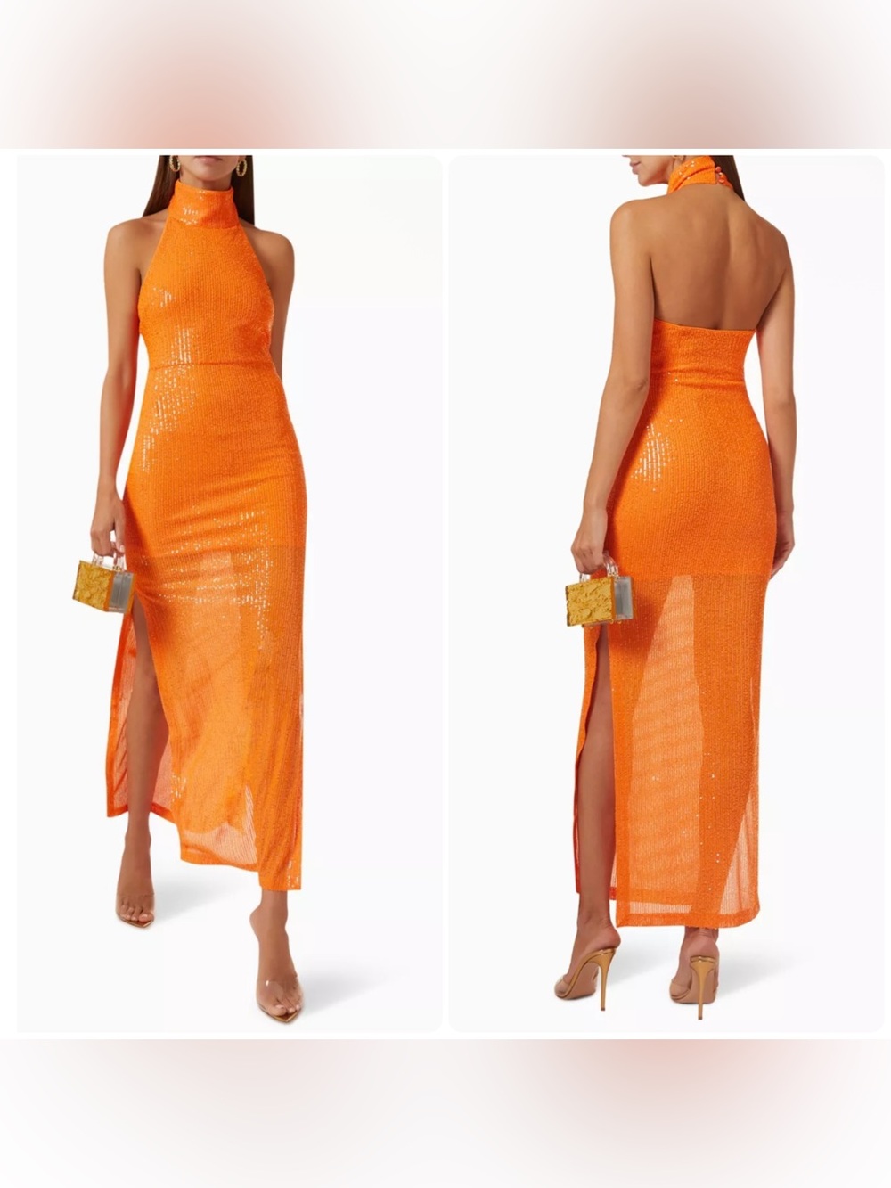 New! ROTATE Birger Christensen Kasia Orange Sequin Maxi Dress High Neck 🧡 4 NWT!